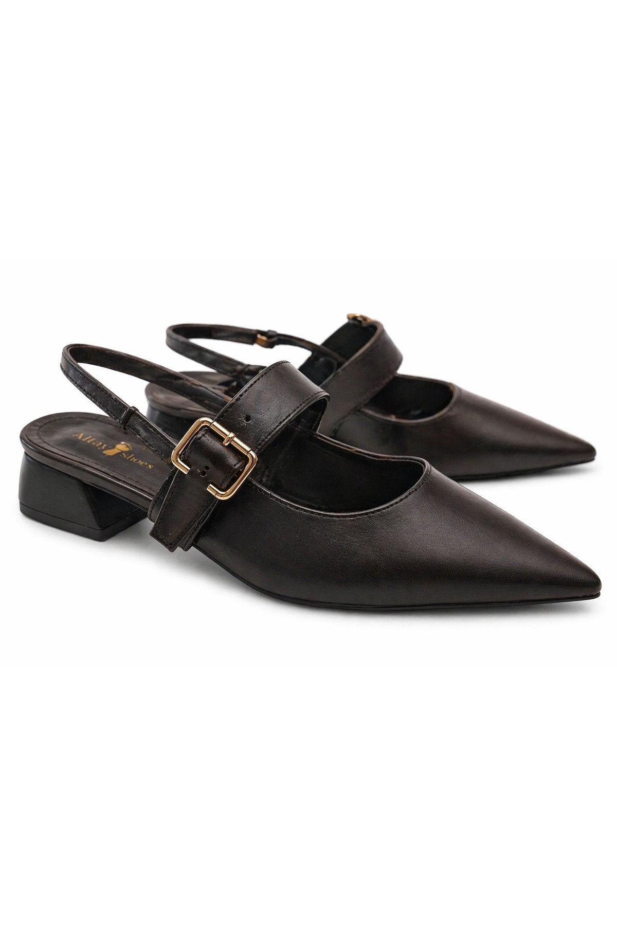 Kadın Siyah Tokalı Kısa Topuklu Ayakkabı – Sivri Burun Şık Slingback