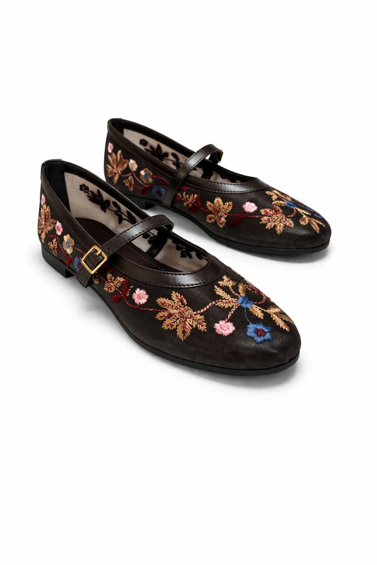 Women's Coffee Floral Embroidered Mary Jane Ballet Flats Casual Comfortable Flat Shoes