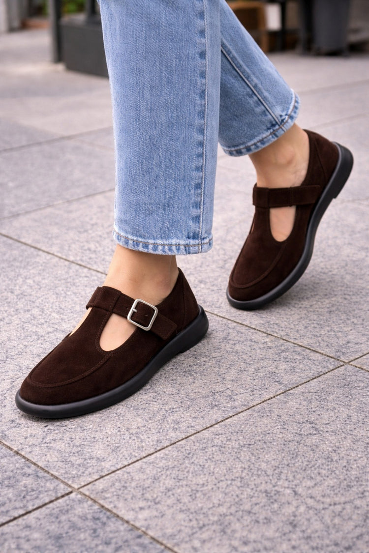 Brown Suede Buckled Women's Flats Comfortable Sole Everyday Mary Jane Women's Shoes