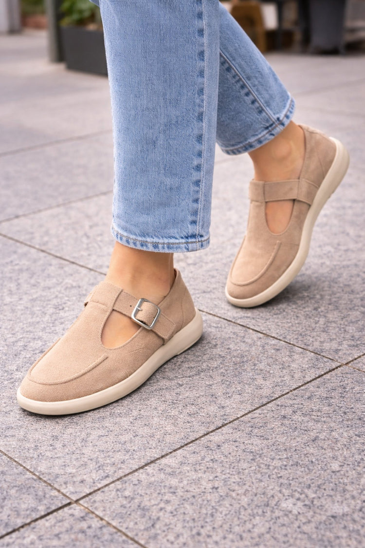 Beige Suede Buckled Women's Ballet Flats Comfortable Sole Everyday Mary Jane Women's Shoes