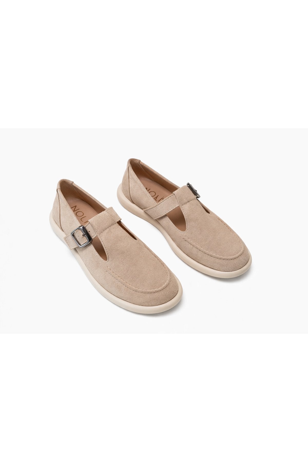 Beige Suede Buckled Women's Ballet Flats Comfortable Sole Everyday Mary Jane Women's Shoes