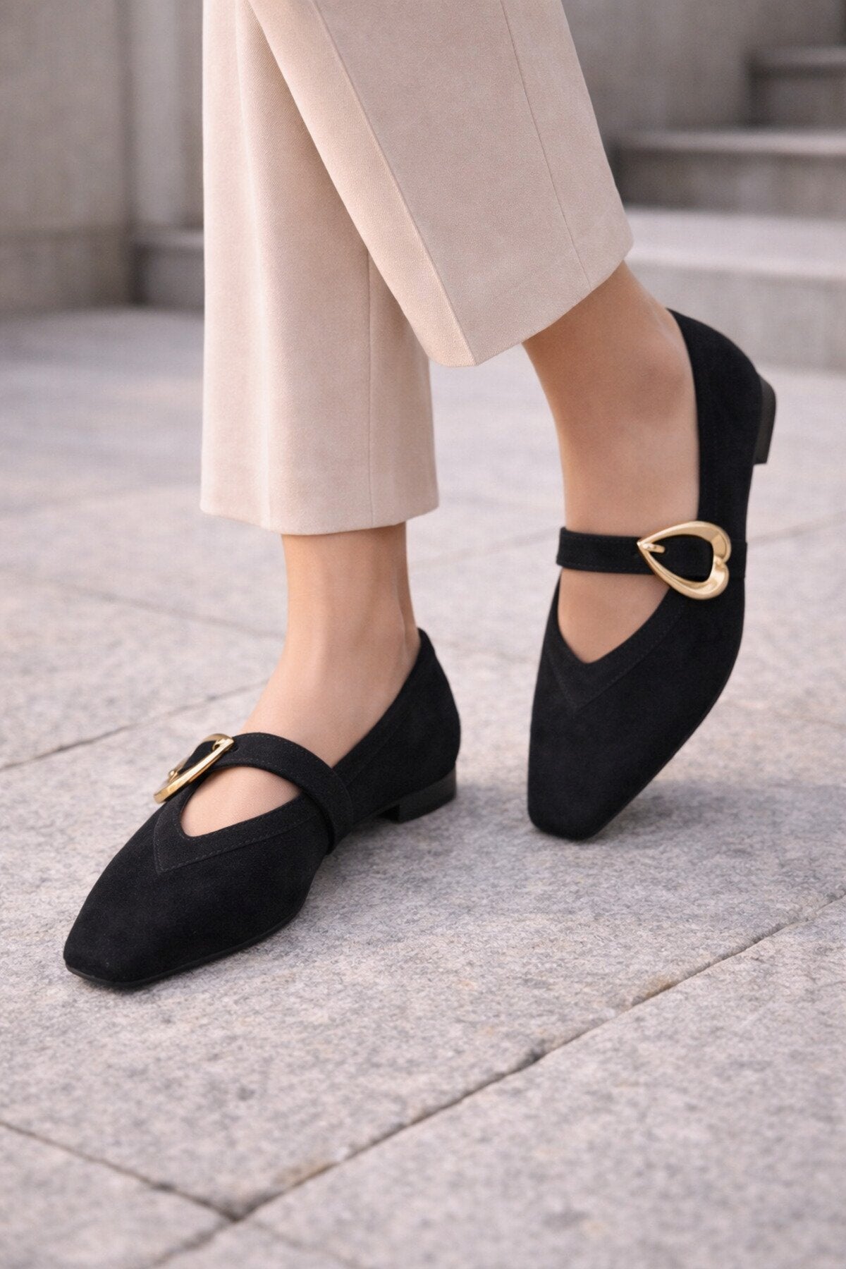Women's Black Suede Heart Buckle Ballet Flats - Everyday Chic Mary Jane Flats