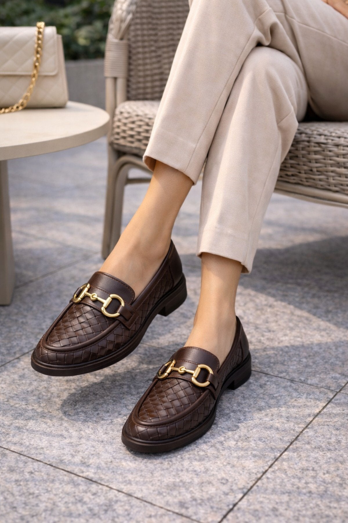 Women's Knitted Pattern Gold Chain Buckle Chunky Sole Loafer Shoes