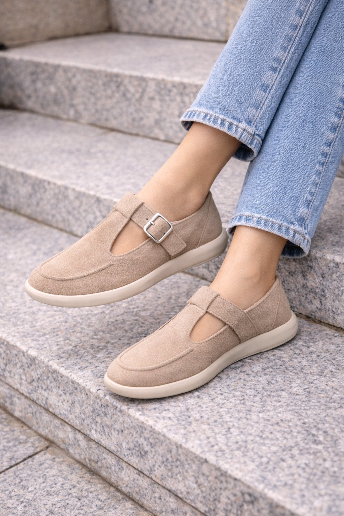 Beige Suede Buckled Women's Ballet Flats Comfortable Sole Everyday Mary Jane Women's Shoes