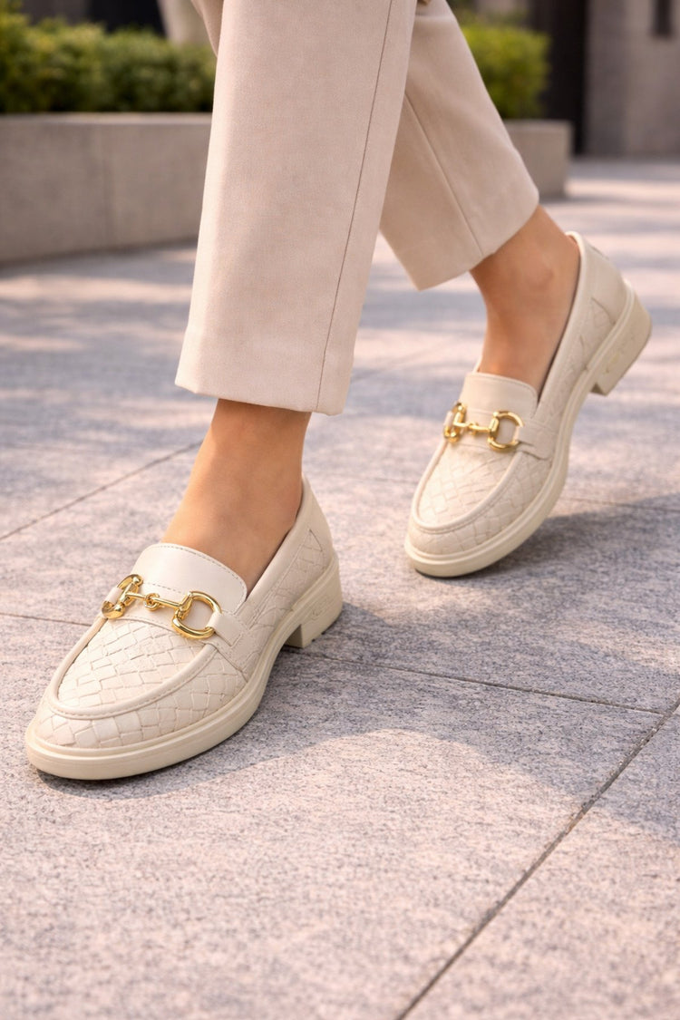 Women's Knitted Pattern Gold Chain Buckle Chunky Sole Loafer Shoes