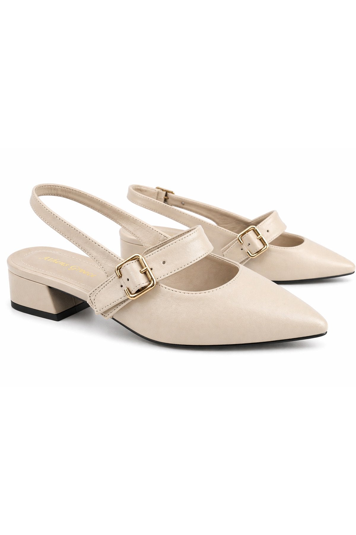 Kadın Bej Tokalı Kısa Topuklu Ayakkabı – Sivri Burun Şık Slingback