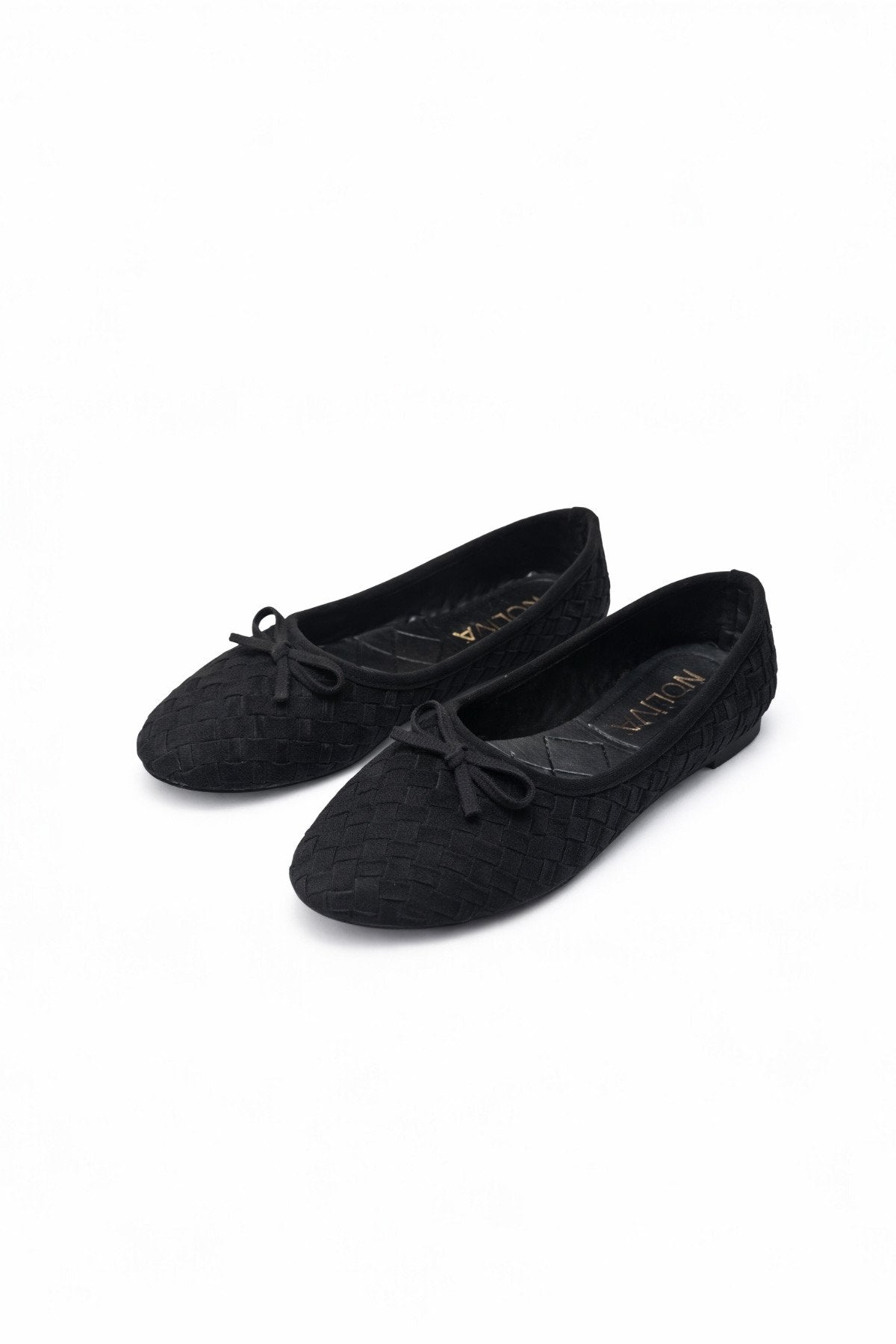 Women's Black Suede Textured Knit Pattern Bow Ballet Flats
