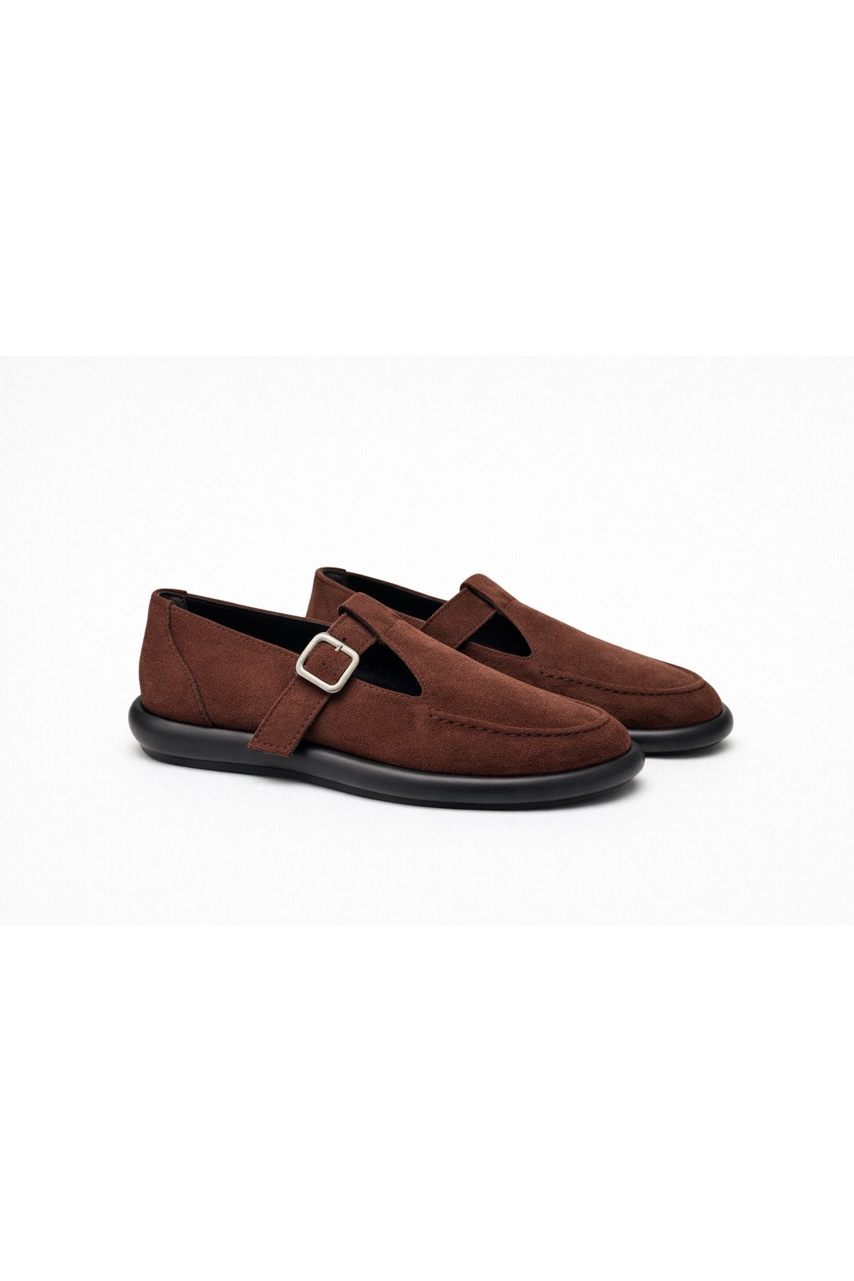 Brown Suede Buckled Women's Flats Comfortable Sole Everyday Mary Jane Women's Shoes