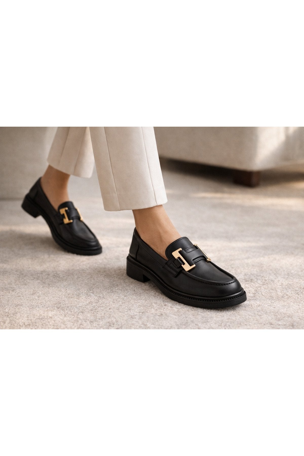 Women's Black Leather Buckled Loafer Casual Moccasin Office Shoes