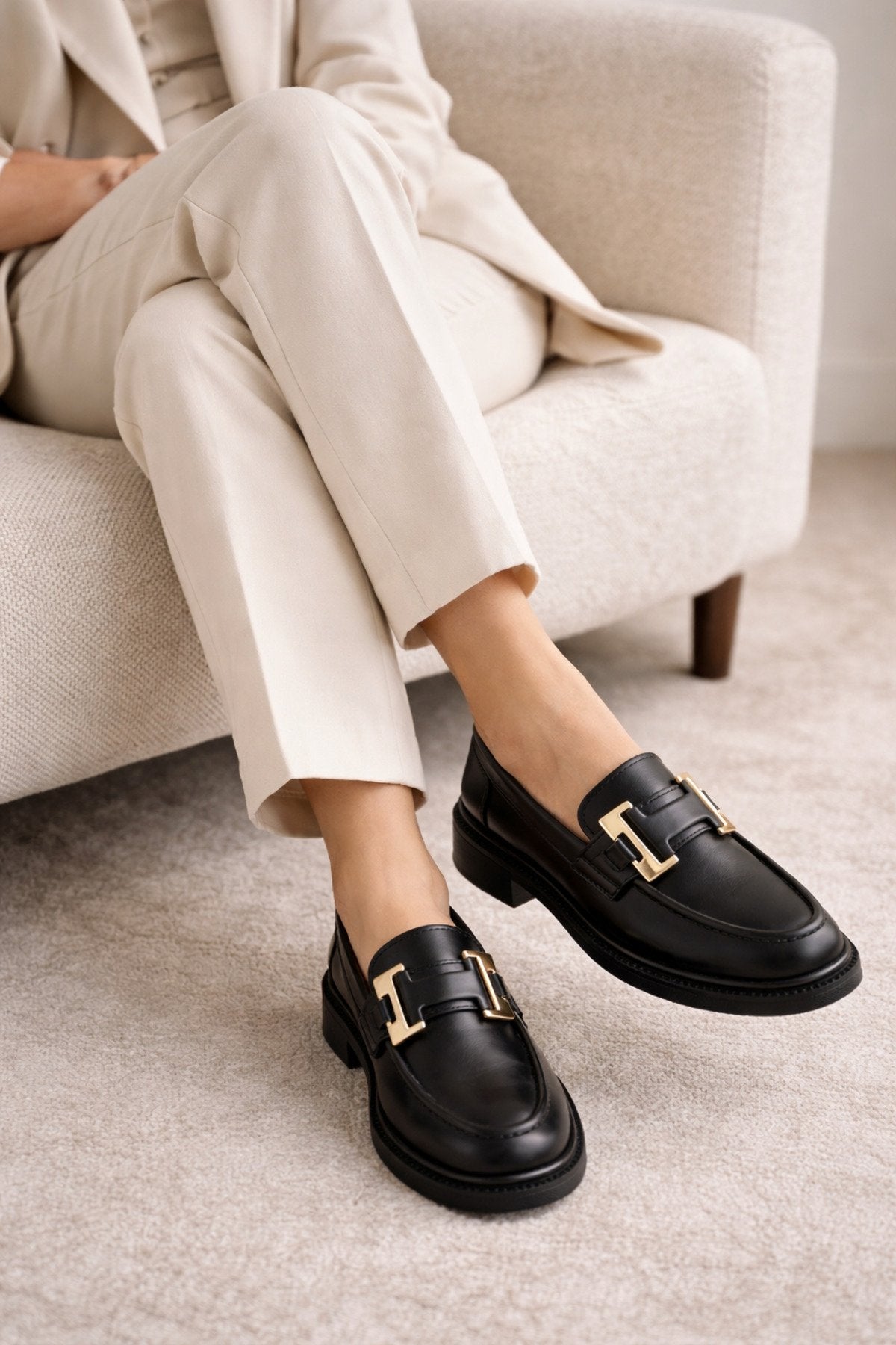 Women's Black Leather Buckled Loafer Casual Moccasin Office Shoes