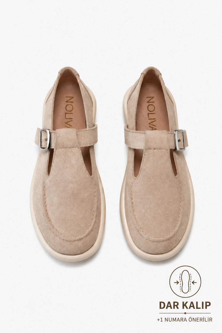 Beige Suede Buckled Women's Ballet Flats Comfortable Sole Everyday Mary Jane Women's Shoes