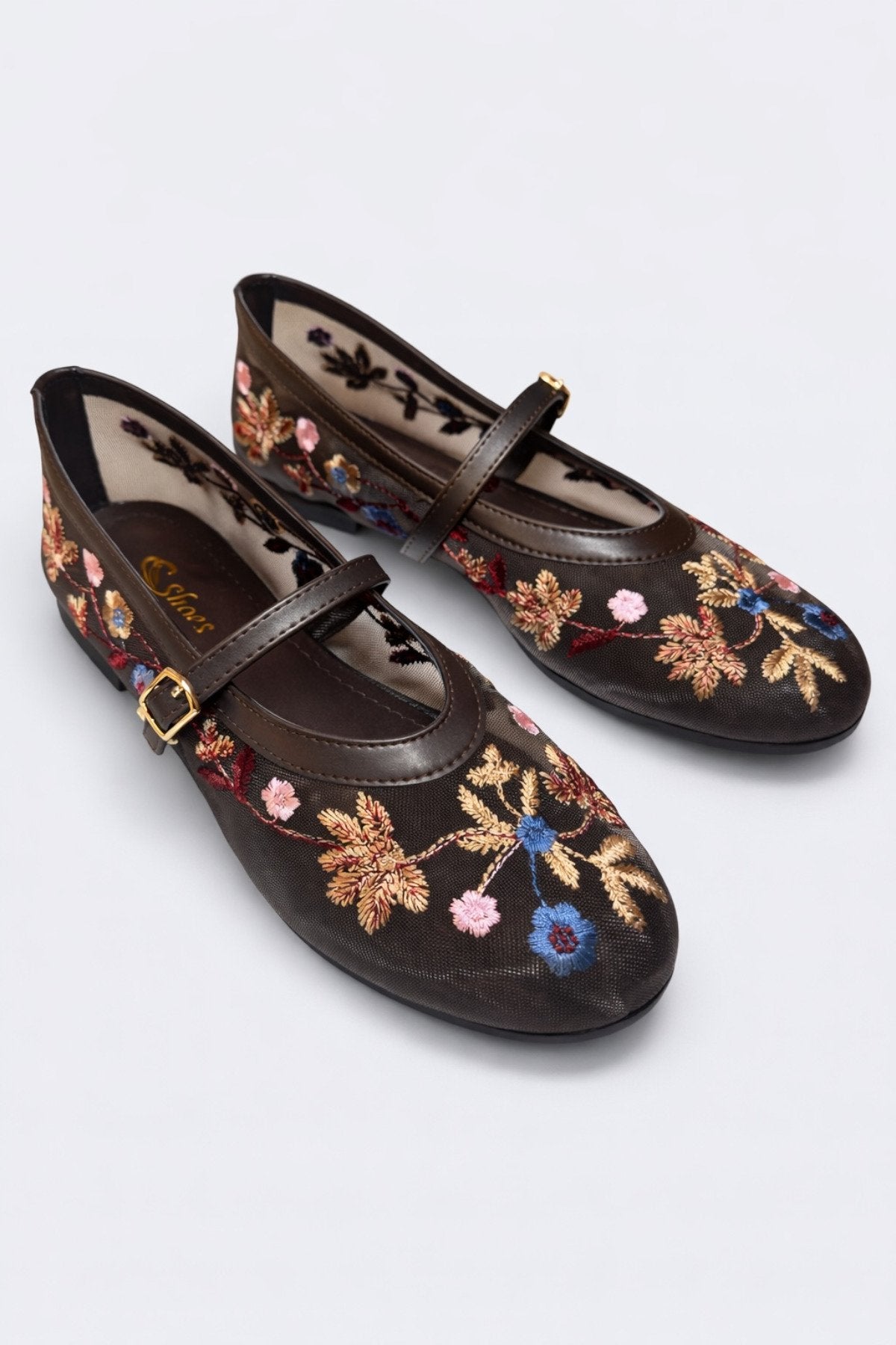 Women's Coffee Floral Embroidered Mary Jane Ballet Flats Casual Comfortable Flat Shoes