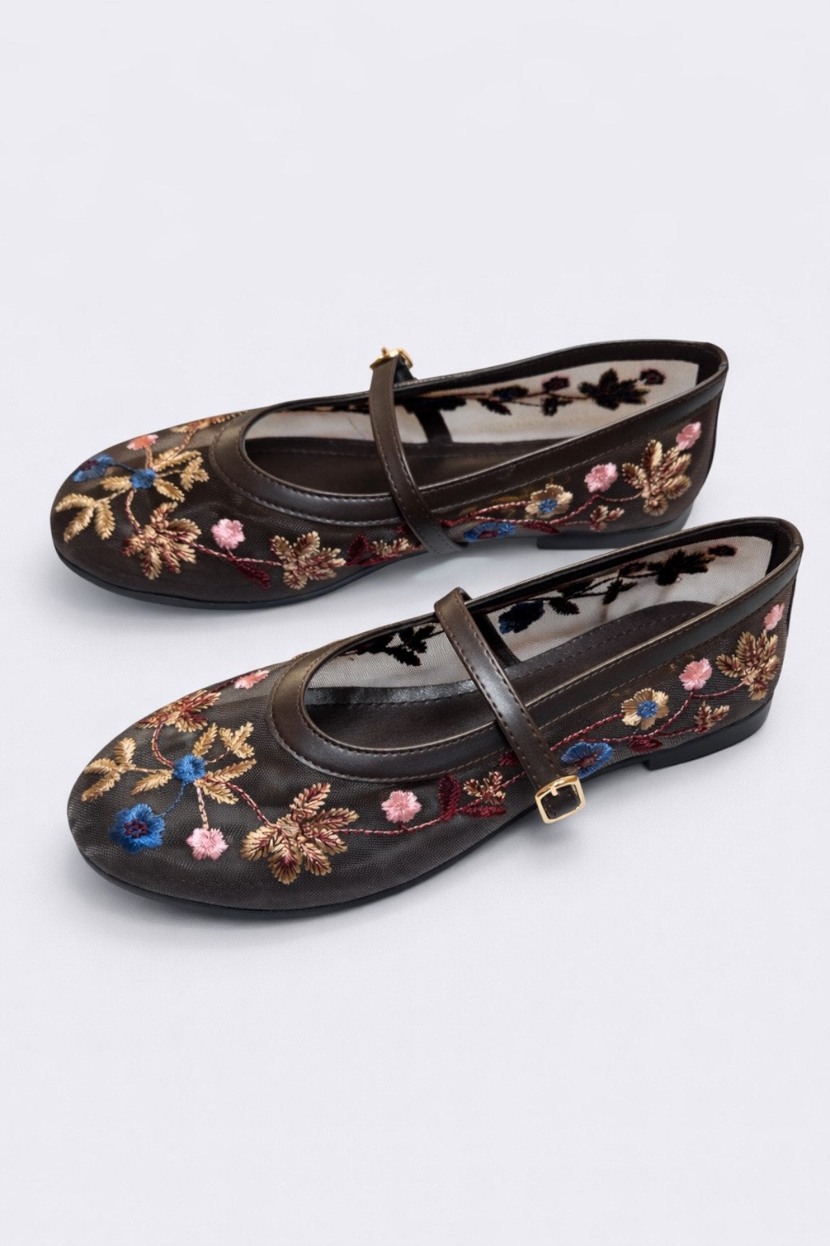 Women's Coffee Floral Embroidered Mary Jane Ballet Flats Casual Comfortable Flat Shoes