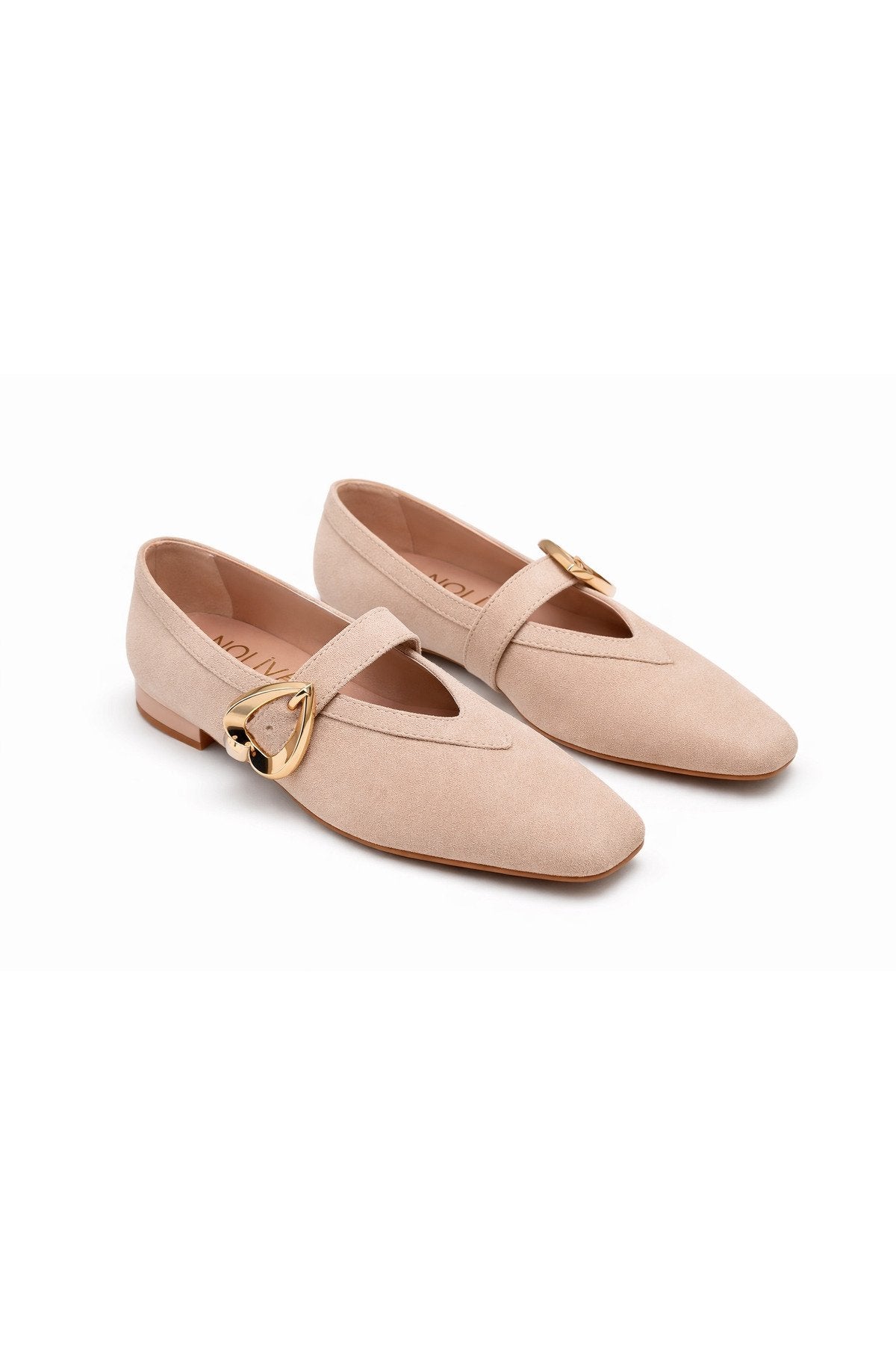 Women's Beige Suede Heart Buckle Ballet Flats Casual Chic Mary Jane Flats