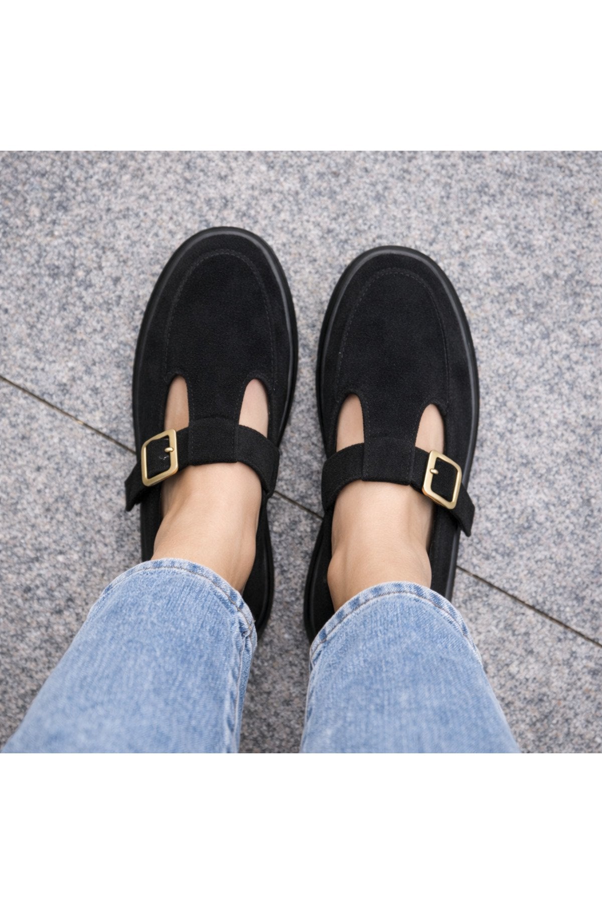 Black Suede Buckled Women's Flats Comfortable Sole Everyday Mary Jane Women's Shoes