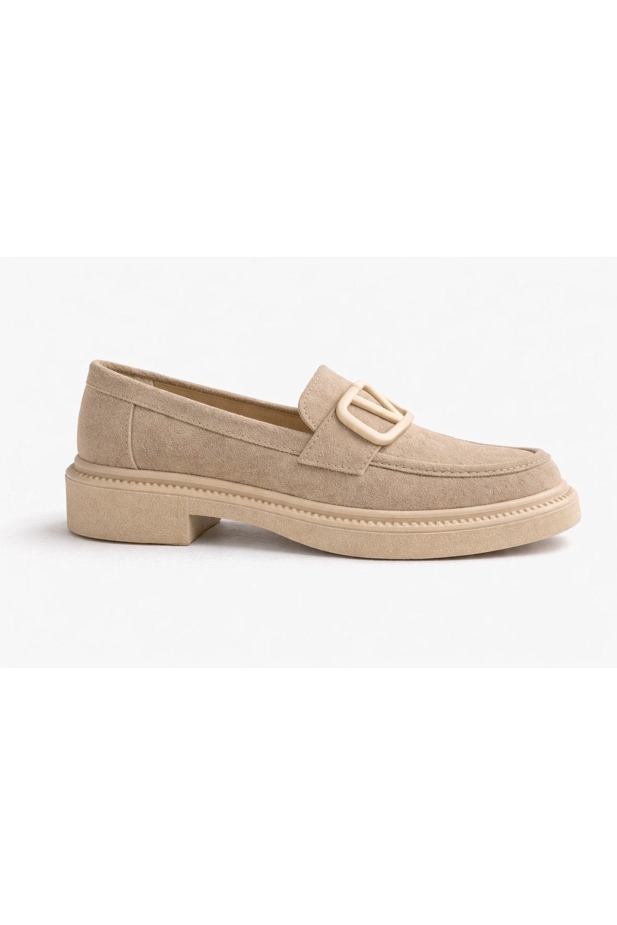 Women's Beige Suede Buckle Loafers Casual Comfortable Sole Moccasin Shoes