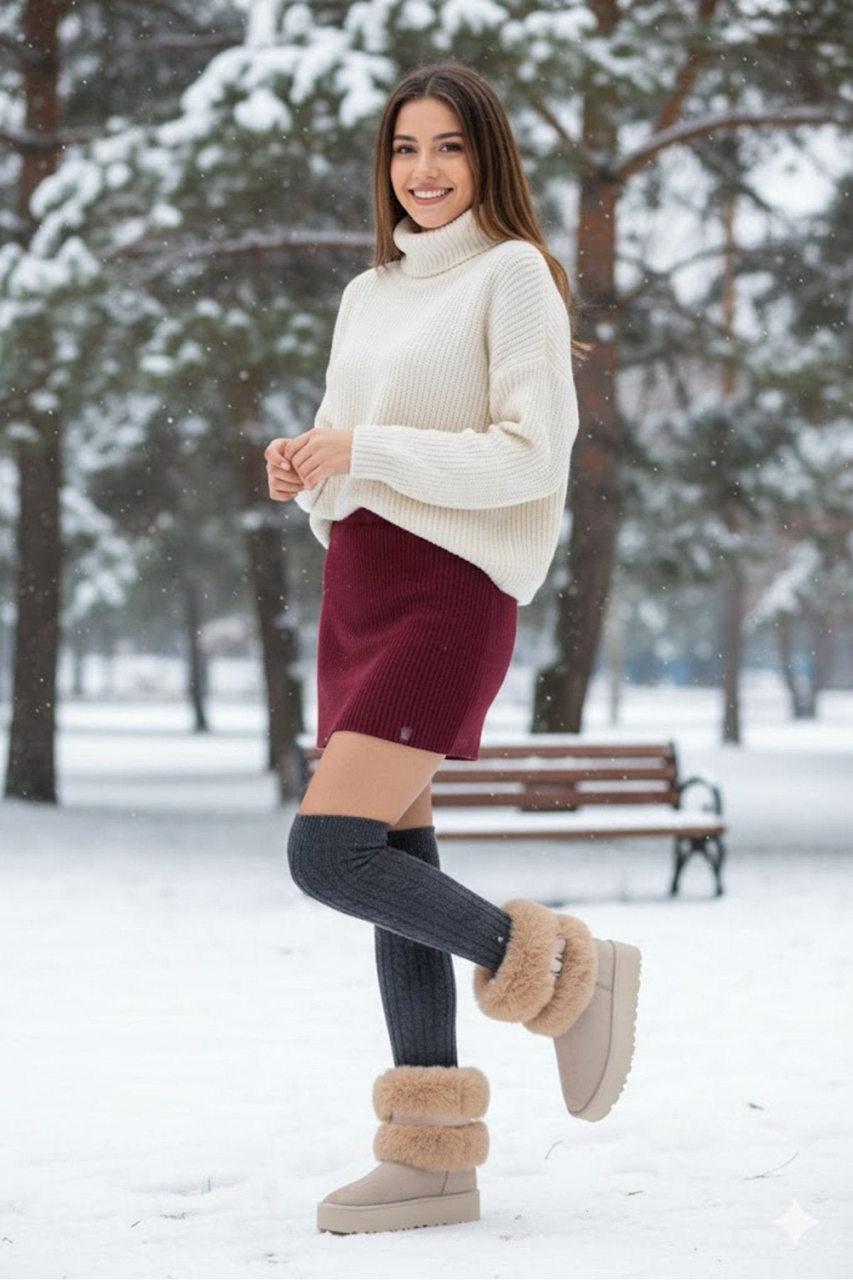 Women's Beige Suede Faux Fur Lined High Thick Sole Winter Boots