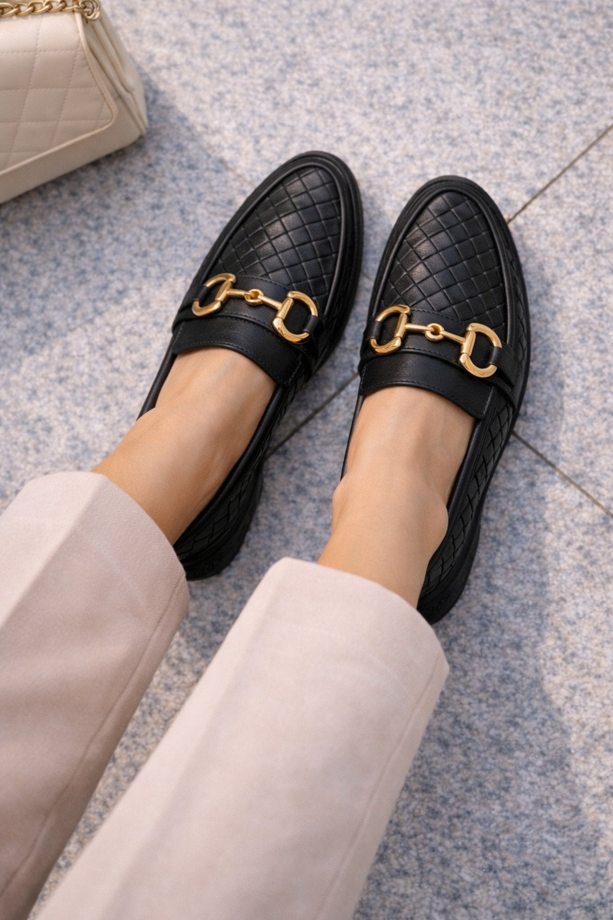 Women's Knitted Pattern Gold Chain Buckle Chunky Sole Loafer Shoes