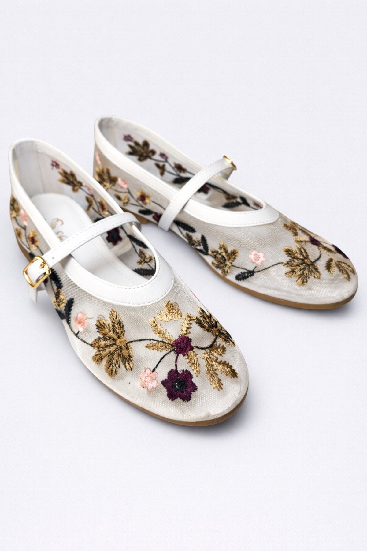 Women's White Floral Embroidered Mary Jane Ballet Flats Casual Comfortable Flat Shoes