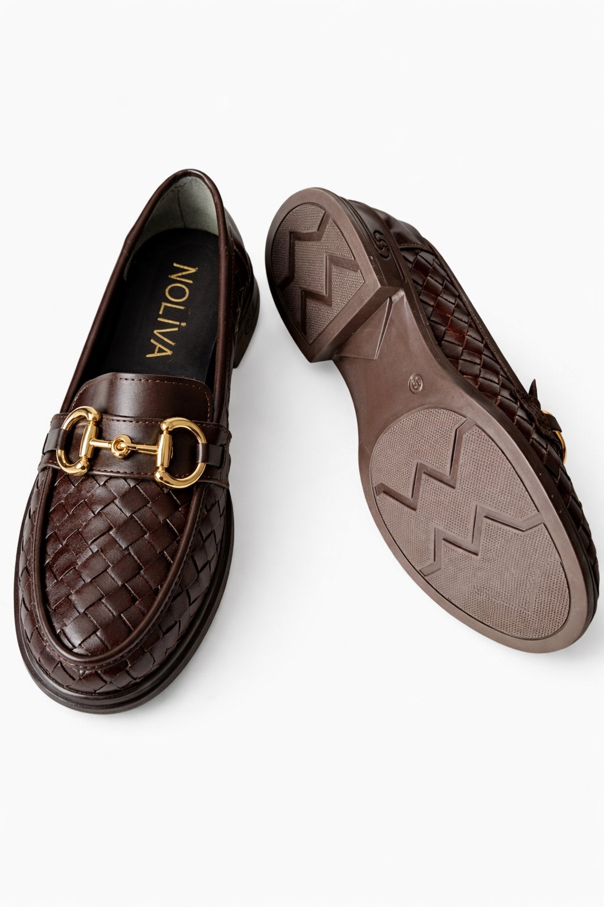 Women's Knitted Pattern Gold Chain Buckle Chunky Sole Loafer Shoes