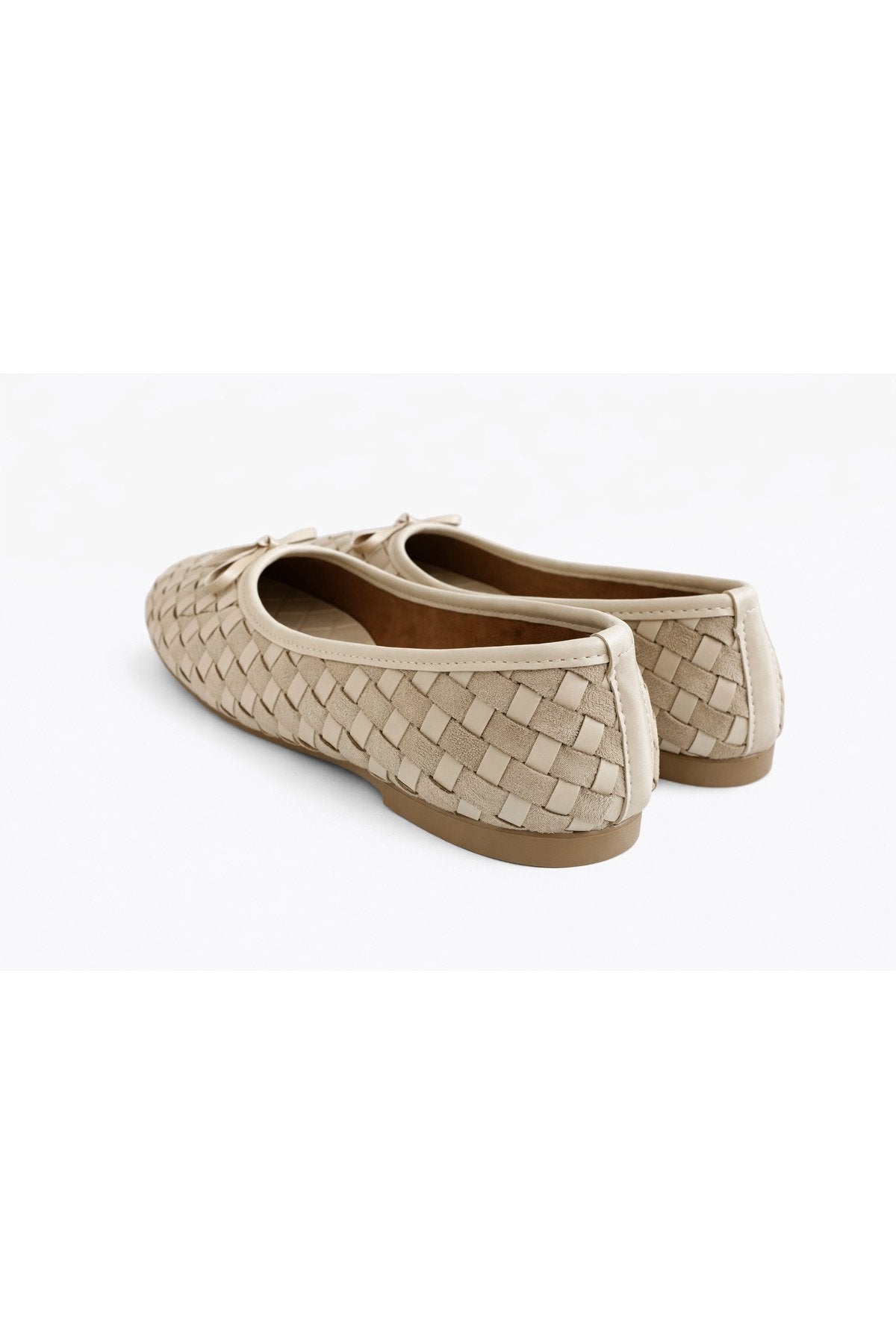 Women's Beige Suede and Faux Leather Mix Textured Knitted Pattern Bow Ballerinas