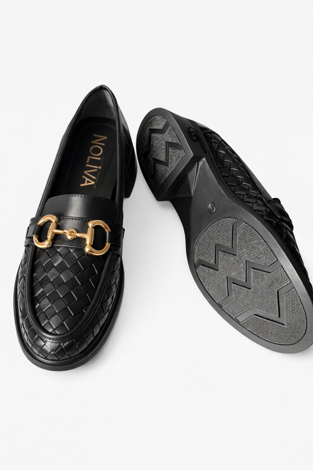 Women's Knitted Pattern Gold Chain Buckle Chunky Sole Loafer Shoes
