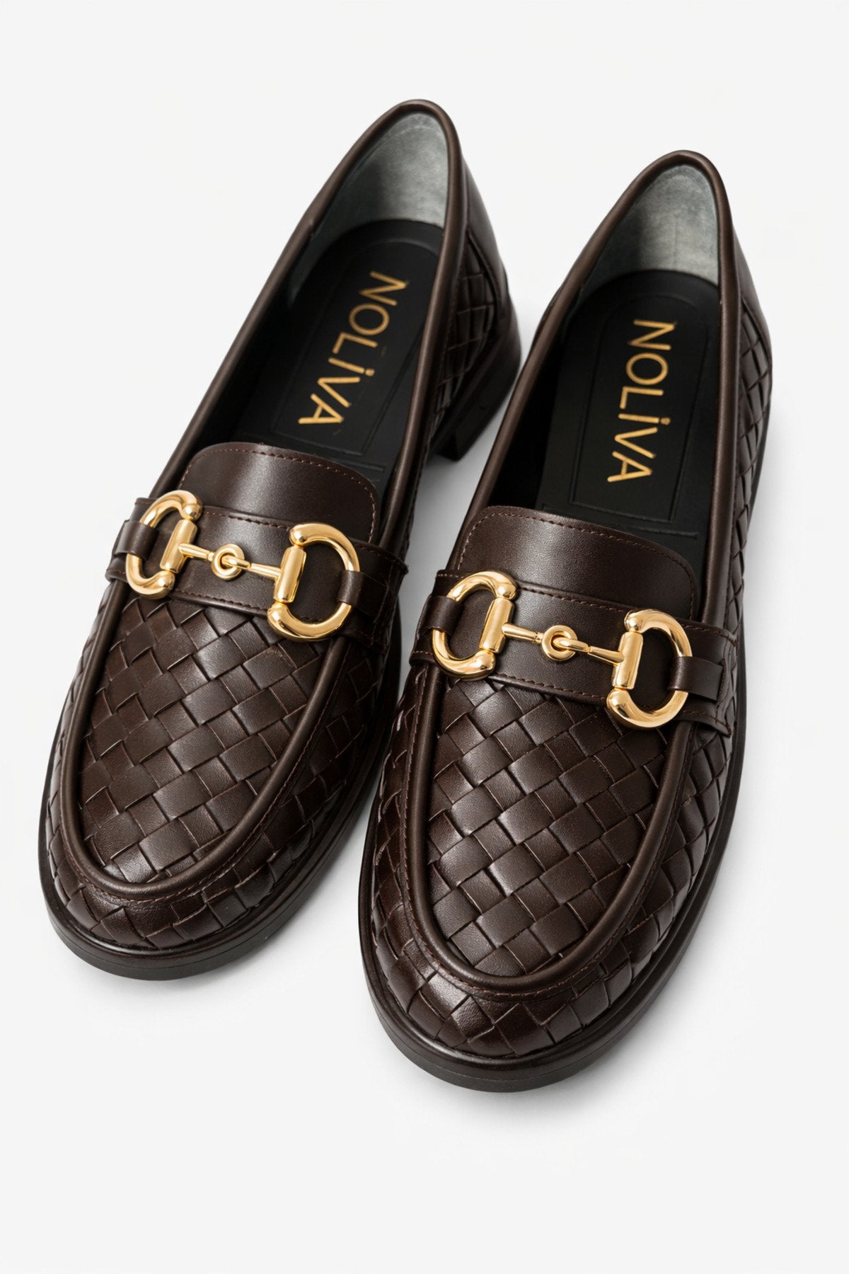 Women's Knitted Pattern Gold Chain Buckle Chunky Sole Loafer Shoes