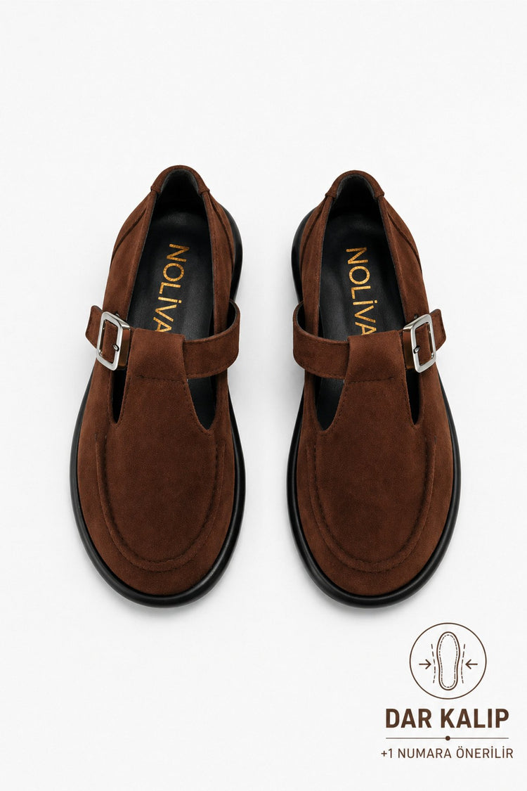 Brown Suede Buckled Women's Flats Comfortable Sole Everyday Mary Jane Women's Shoes
