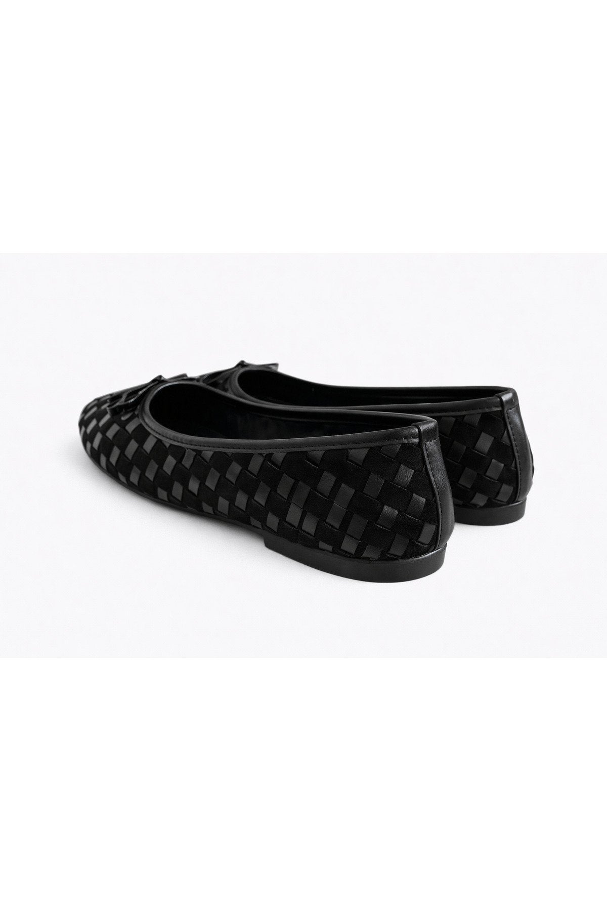 Women's Black Suede and Faux Leather Mix Textured Knitted Pattern Bow Ballerinas
