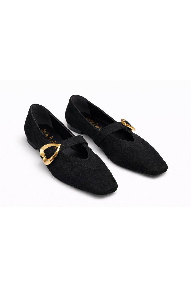 Women's Black Suede Heart Buckle Ballet Flats - Everyday Chic Mary Jane Flats