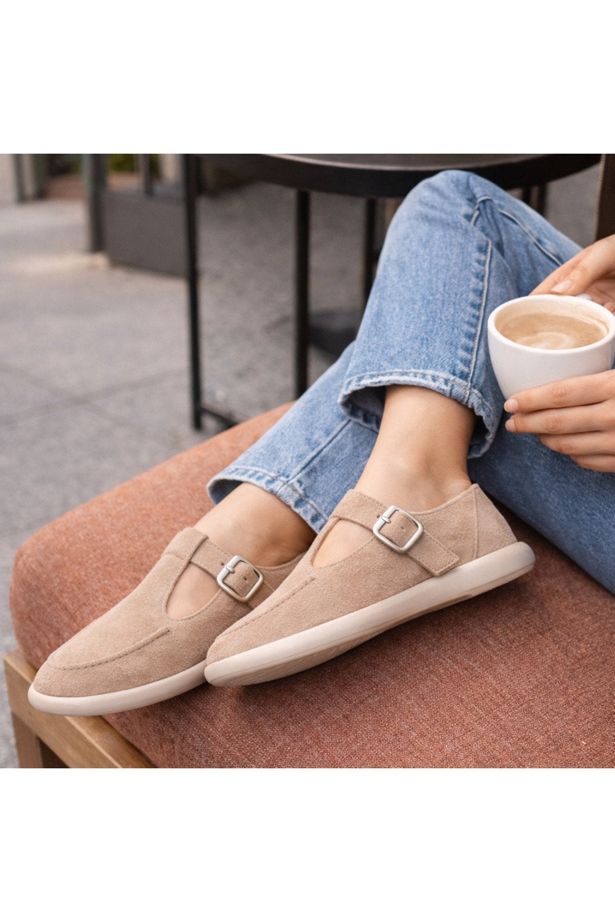 Beige Suede Buckled Women's Ballet Flats Comfortable Sole Everyday Mary Jane Women's Shoes