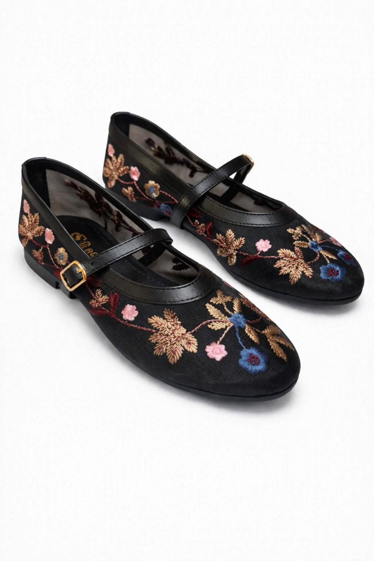 Women's Black Floral Embroidered Mary Jane Ballet Flats Casual Comfortable Flat Shoes