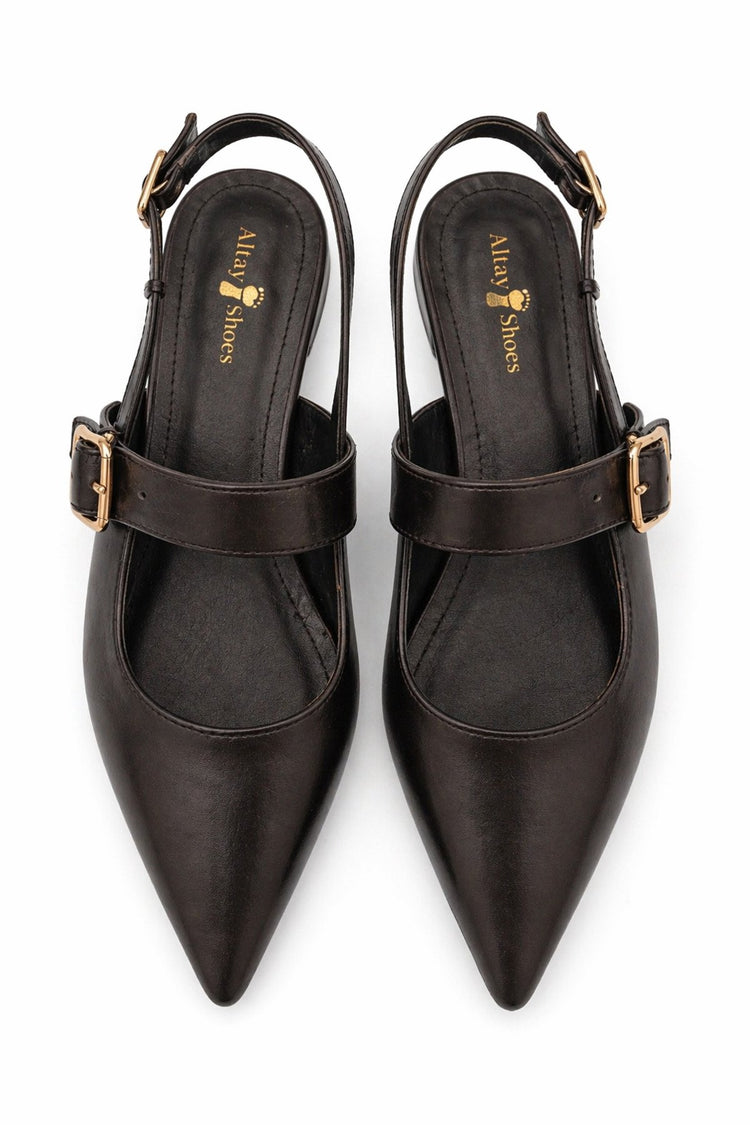 Kadın Siyah Tokalı Kısa Topuklu Ayakkabı – Sivri Burun Şık Slingback
