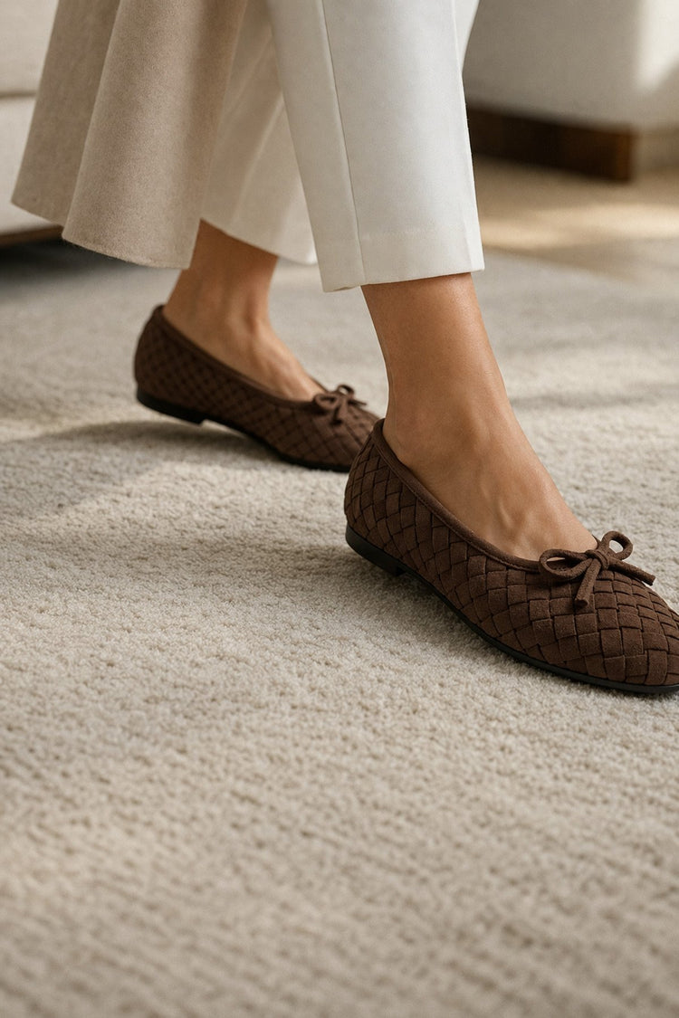 Women's Dark Brown Suede Textured Knit Pattern Bow Ballet Flats