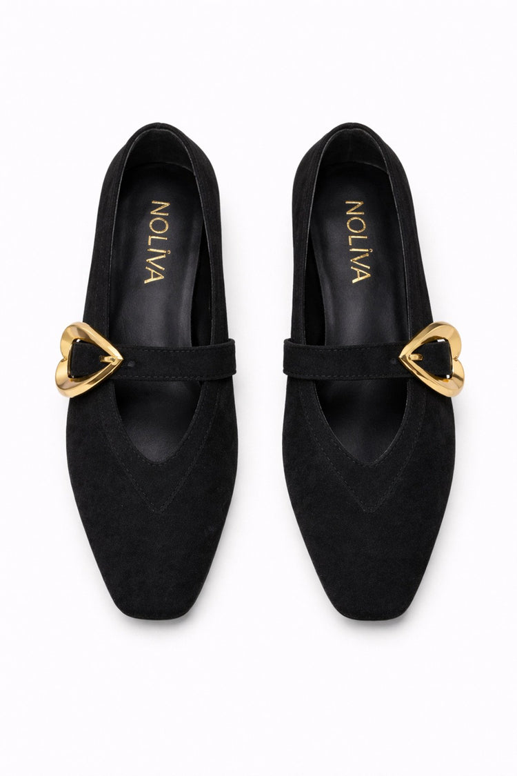 Women's Black Suede Heart Buckle Ballet Flats - Everyday Chic Mary Jane Flats