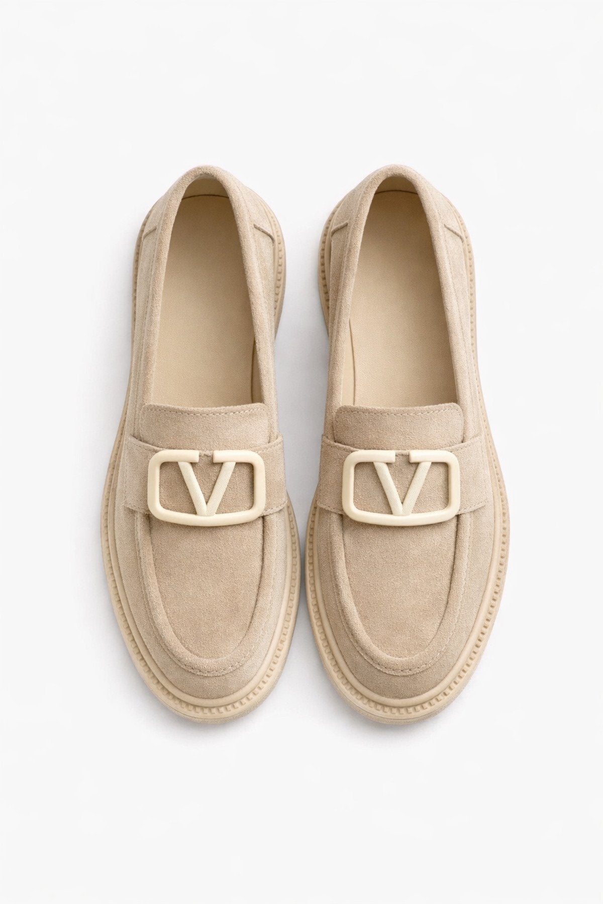 Women's Beige Suede Buckle Loafers Casual Comfortable Sole Moccasin Shoes