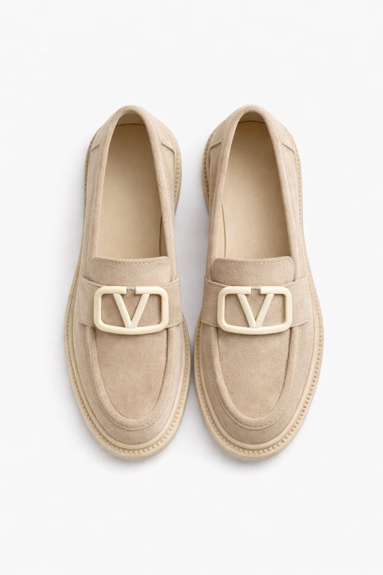 Women's Beige Suede Buckle Loafers Casual Comfortable Sole Moccasin Shoes