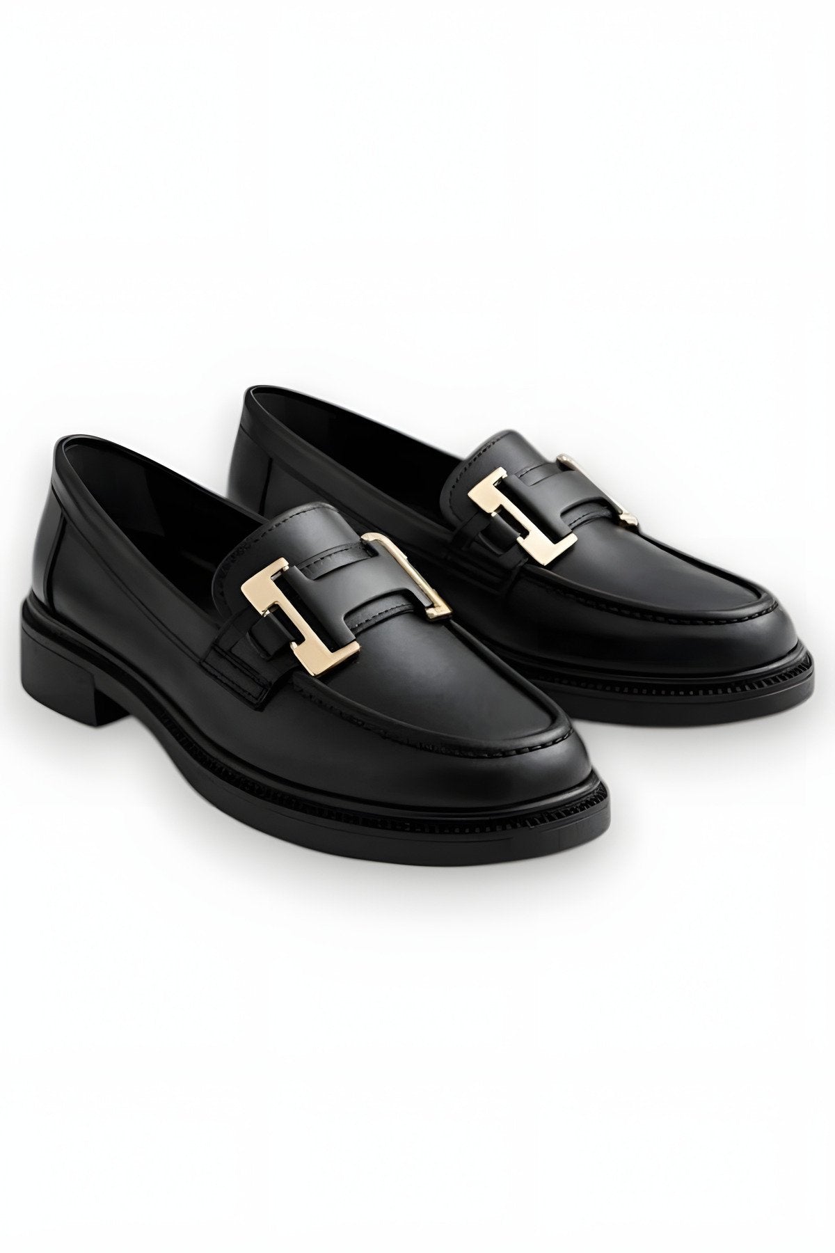 Women's Black Leather Buckled Loafer Casual Moccasin Office Shoes
