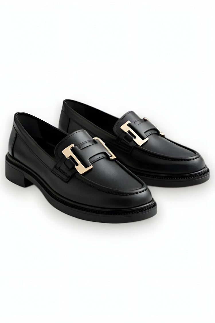 Women's Black Leather Buckled Loafer Casual Moccasin Office Shoes