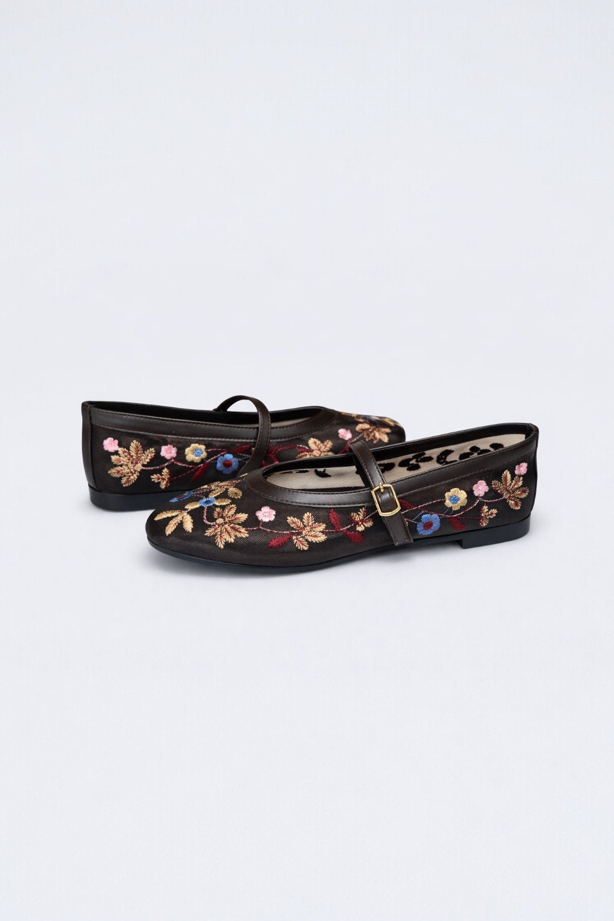Women's Coffee Floral Embroidered Mary Jane Ballet Flats Casual Comfortable Flat Shoes