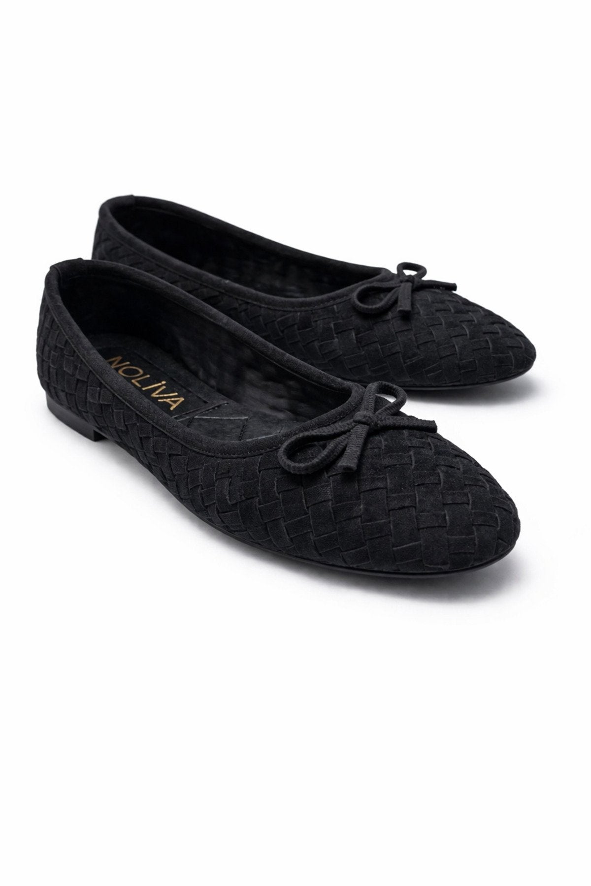Women's Black Suede Textured Knit Pattern Bow Ballet Flats