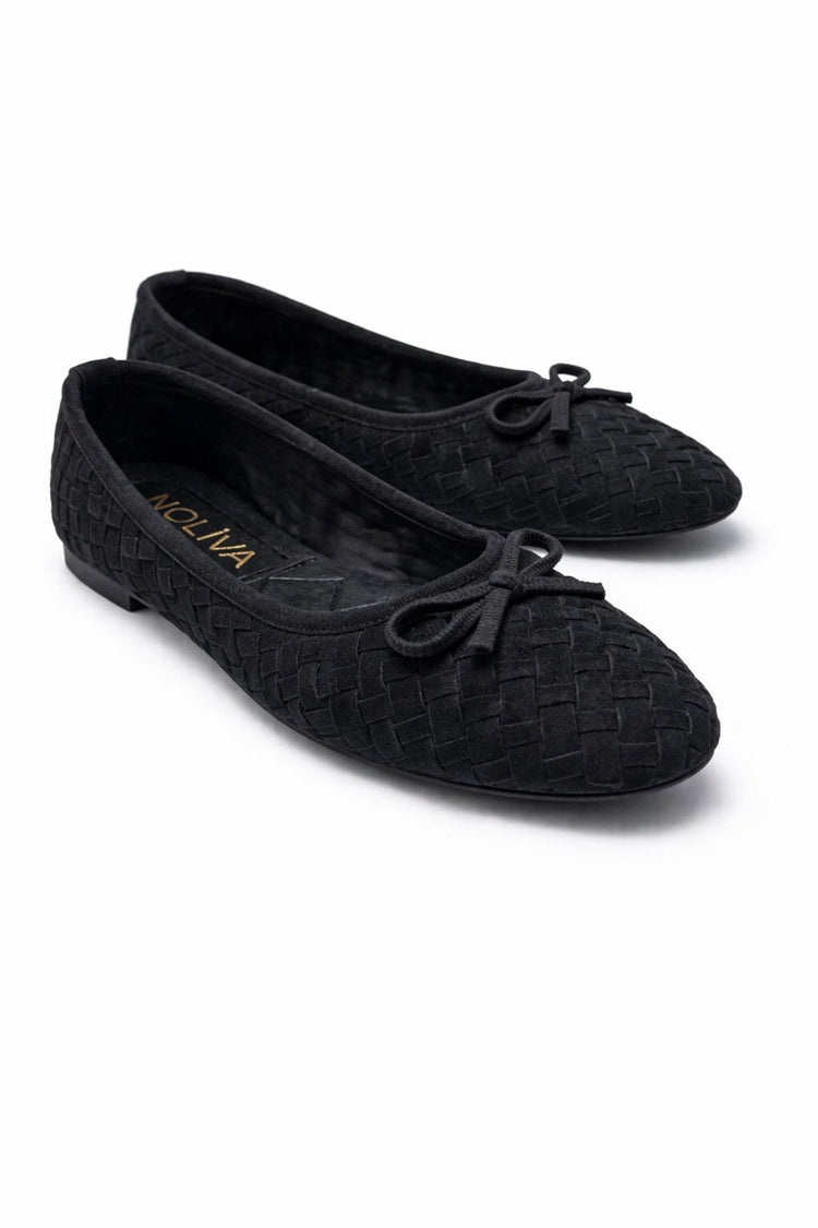 Women's Black Suede Textured Knit Pattern Bow Ballet Flats