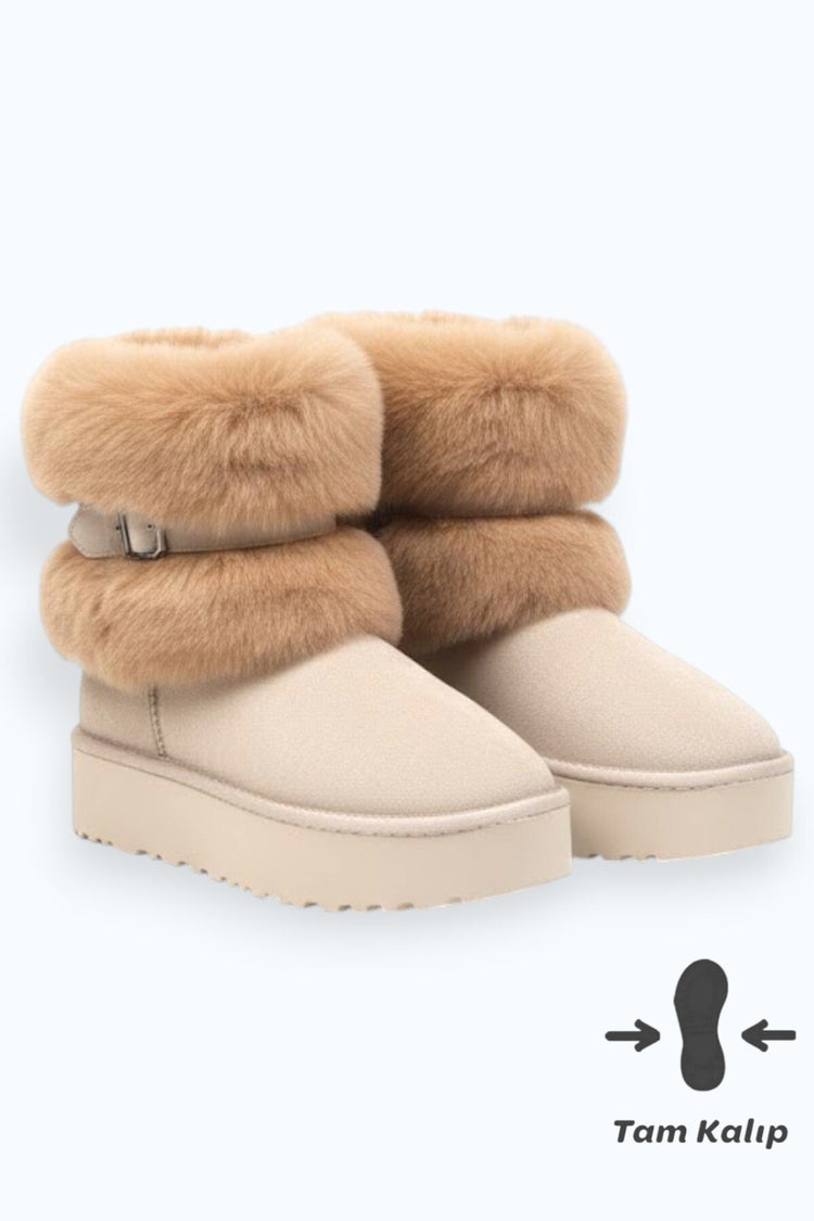 Women's Beige Suede Faux Fur Lined High Thick Sole Winter Boots