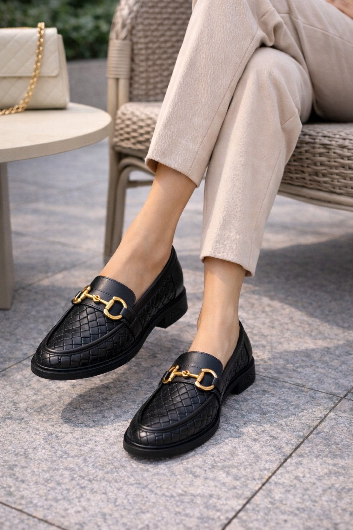 Women's Knitted Pattern Gold Chain Buckle Chunky Sole Loafer Shoes