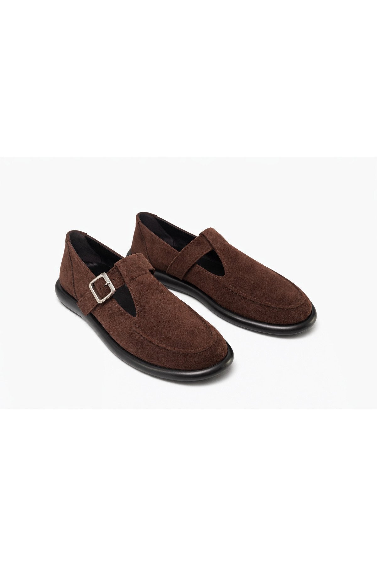 Brown Suede Buckled Women's Flats Comfortable Sole Everyday Mary Jane Women's Shoes