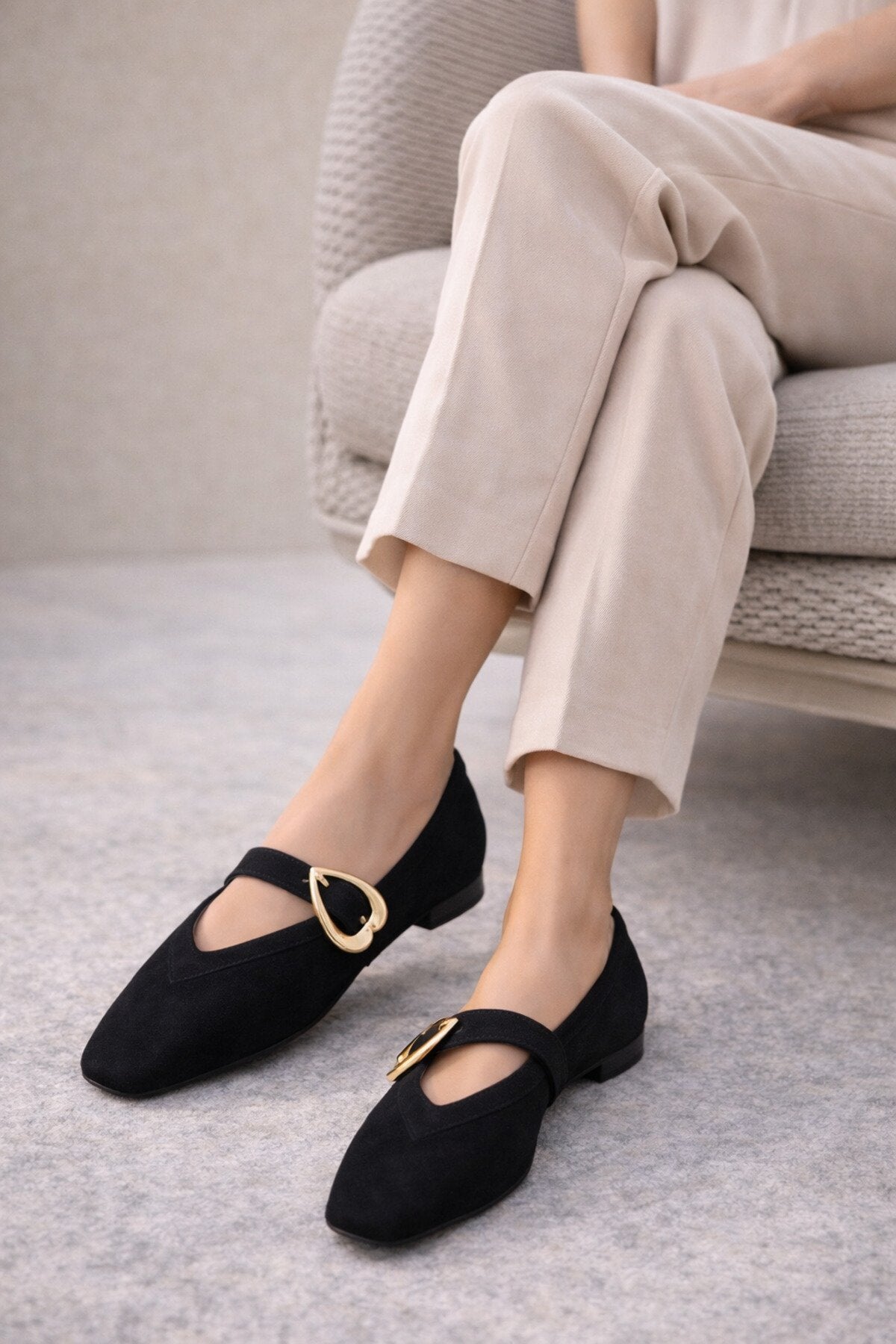 Women's Black Suede Heart Buckle Ballet Flats - Everyday Chic Mary Jane Flats