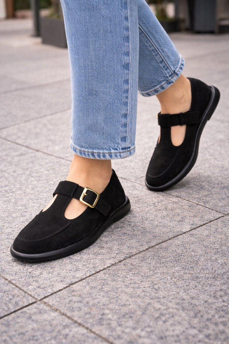 Black Suede Buckled Women's Flats Comfortable Sole Everyday Mary Jane Women's Shoes