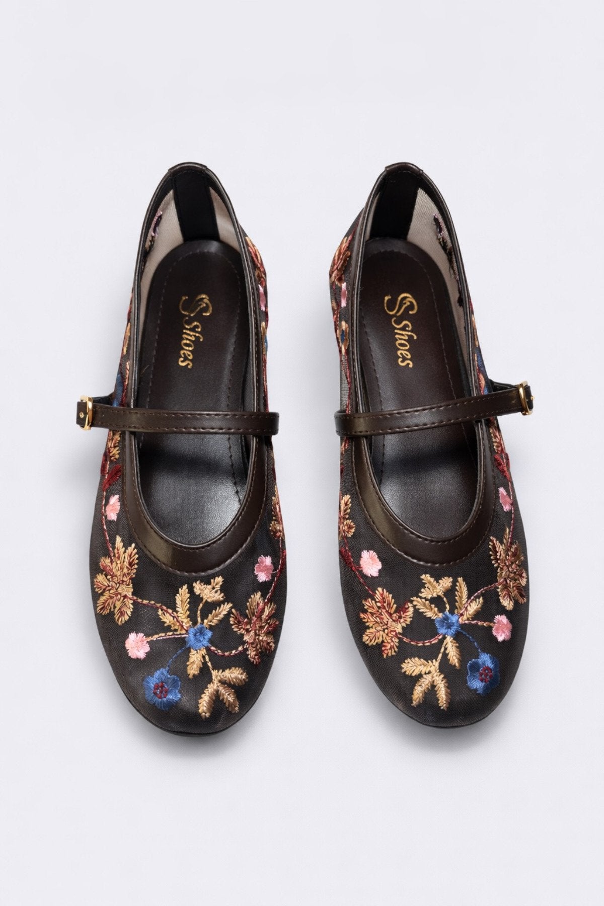 Women's Coffee Floral Embroidered Mary Jane Ballet Flats Casual Comfortable Flat Shoes