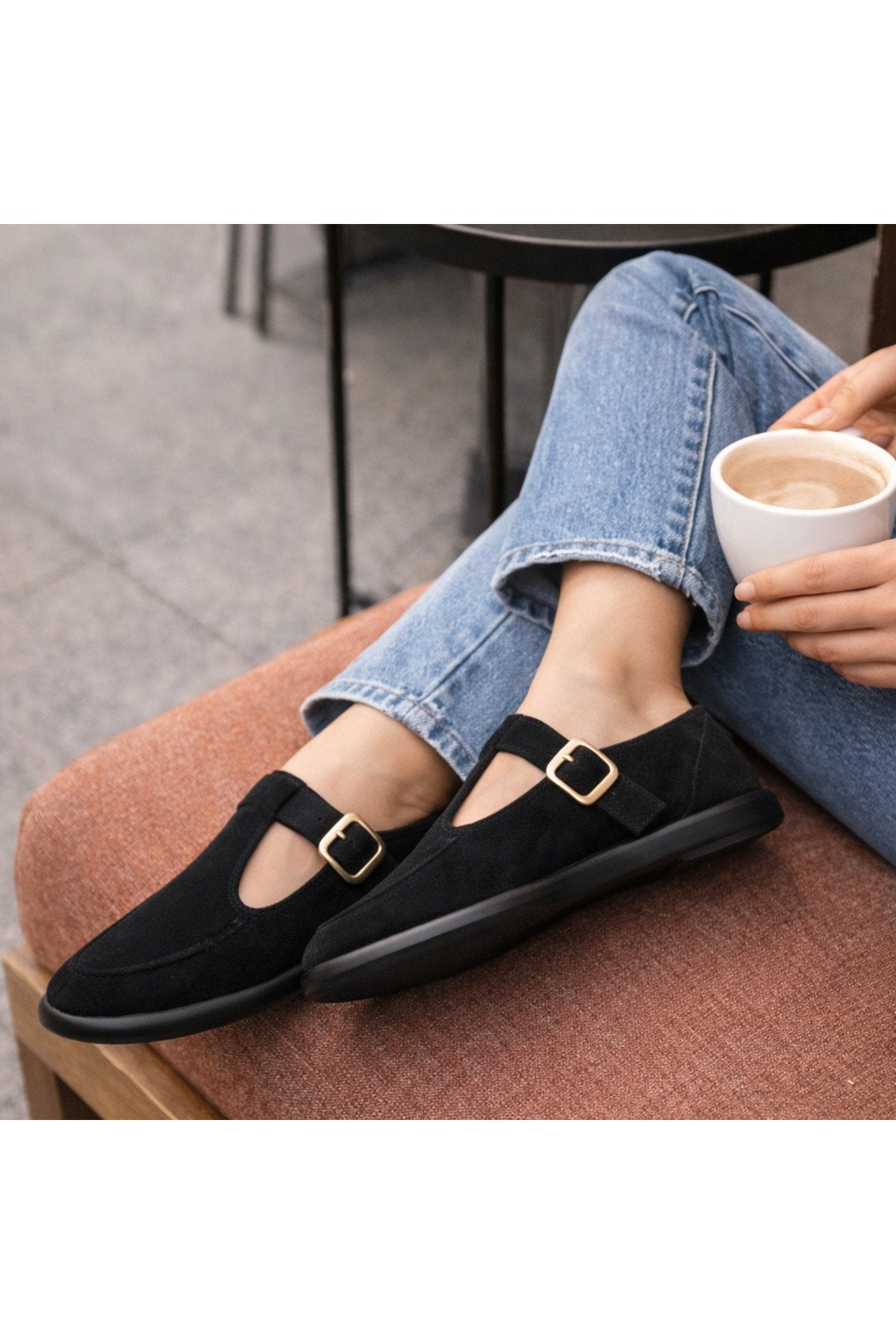 Black Suede Buckled Women's Flats Comfortable Sole Everyday Mary Jane Women's Shoes