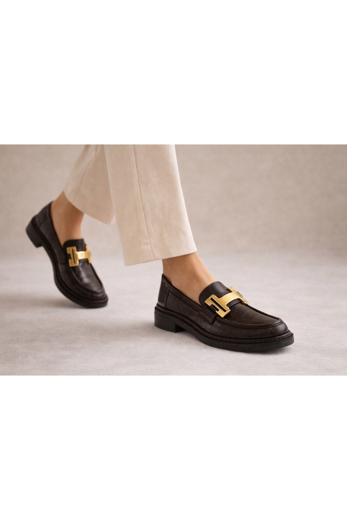 Women's Coffee Leather Buckle Loafer Casual Moccasin Office Shoe